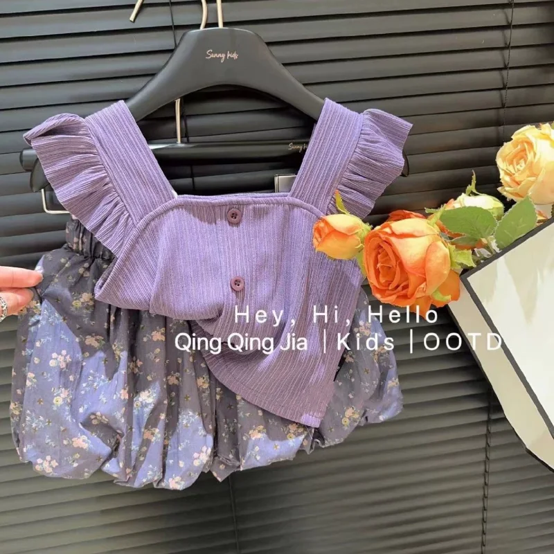 

New Arrival Children Sets for Girls, Korean Style Printed Sleeveless Top with Shorts Suit with Bowknot, Fashionable Girl Clothes