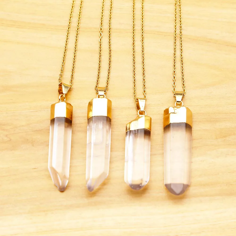 Natural White Crystal Pendant Stainless Steel Gold Plated Chain Necklace Charm Jewelry Men's And Women's Party Accessories 6Pcs