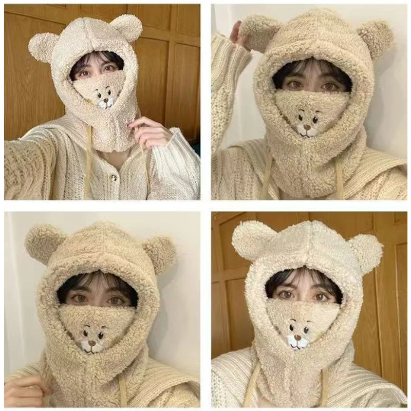 Cartoon Bear Ear Lamb Beanie Hat With Mask Warm Winter Thickened Ear Protection Autumn Skullies Beanies For Women Girl windproof winter hat