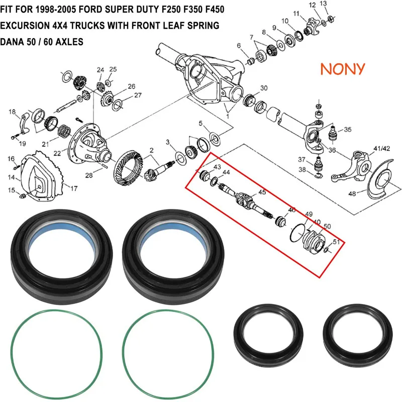 

NONY Vaccum Knuckle Front Axle & Tube Seal Kit Fit For 1998 - 2004 Ford Super Duty F250 - F450 Dana 50 60 & FORD SUPERDUTY 6 PCS