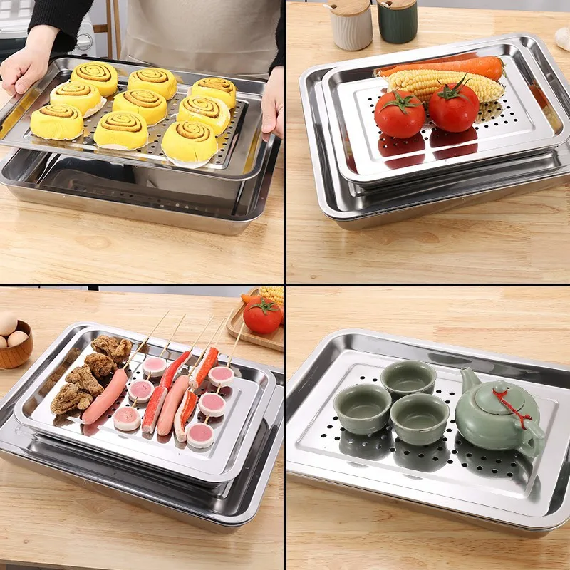 Stainless Steel Food Storage Tray Shallow Drain Trays Vegetable Fruit Dumpling Storage Plate Oil Filter Pan Kitchen Accessories 6