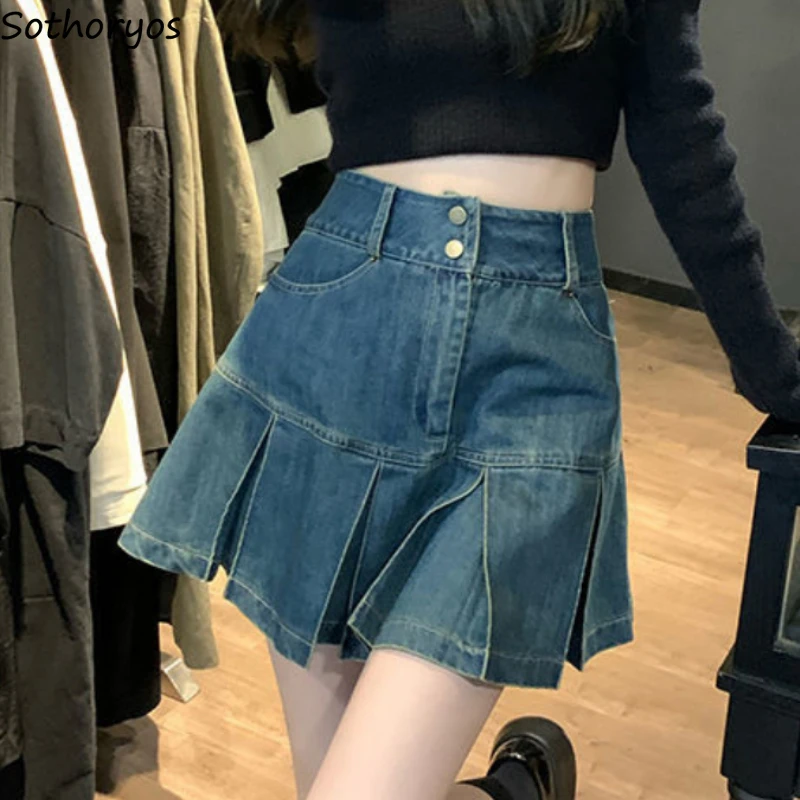 

Юбка женская джинсовая плиссированная с завышенной талией, Y2k