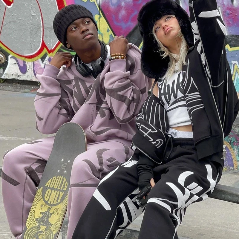 

Hip Hop Fashion Zipper Hoodies Trend Foam Printing Hoodies Pants Suit Gothic Punk Darkly Streetwear Oversized Sweatshirt Jacket