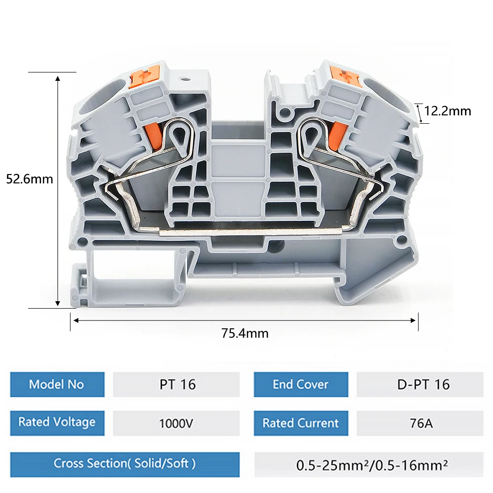 Din Rail Terminal Block Conductor Wire Connector Push In Spring Screwless Connection Feed Through PT-16 PT16