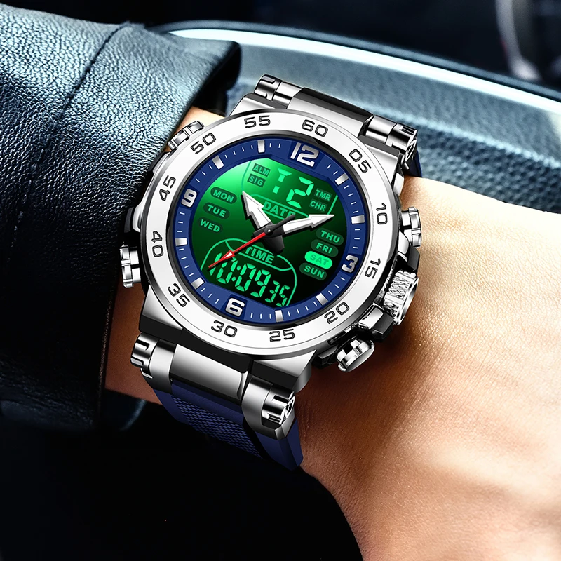 FOXBOX Dual Display Watch Men Silicone Sports Waterproof Men's Quartz Wristwatches FashionLED Backlit Dual Time Watch For Men