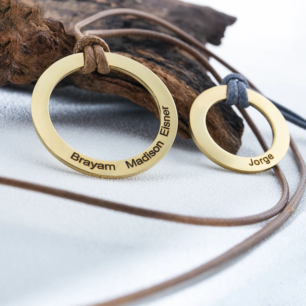 

Tangula Custom Stainless Steel Engraved Name Round Pendant 2 Necklaces for Couples Adjustable Rope Necklace Valentine's Day Gift