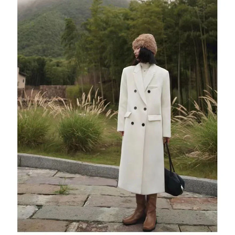 2023 Autumn And Winter New Korean Edition Woolen Coat Women's Mid Length Hepburn Style Loose Over Knee Thickened Woolen Coat
