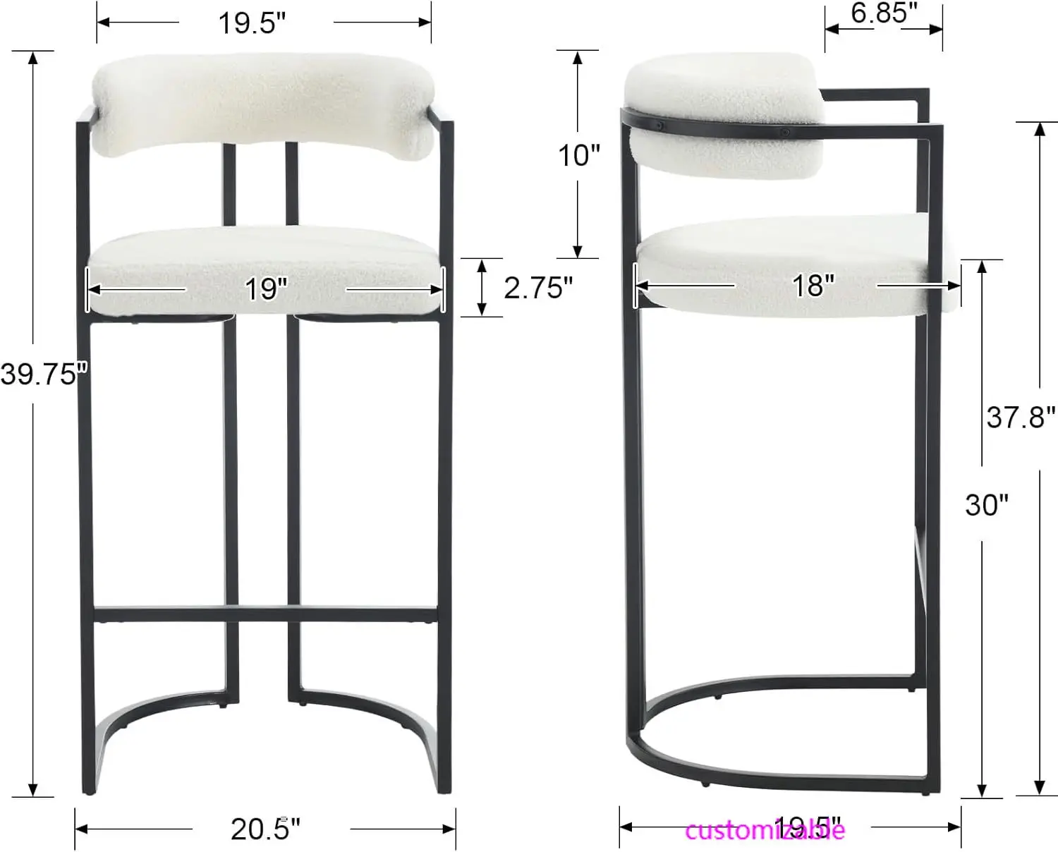 30Inch Sherpa Bar Stools Set of 2, Modern White Barrel Bar Stools with Comfy Back, Upholstered High Dining Chairs with Blac
