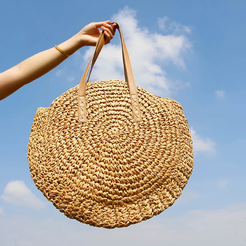 Women Shoulder Bag Round Straw Beach Bag Vintage Handmade Woven Shoulder Bag Raffia circle Rattan bags Bohemian Summer Vacation Casual Bags