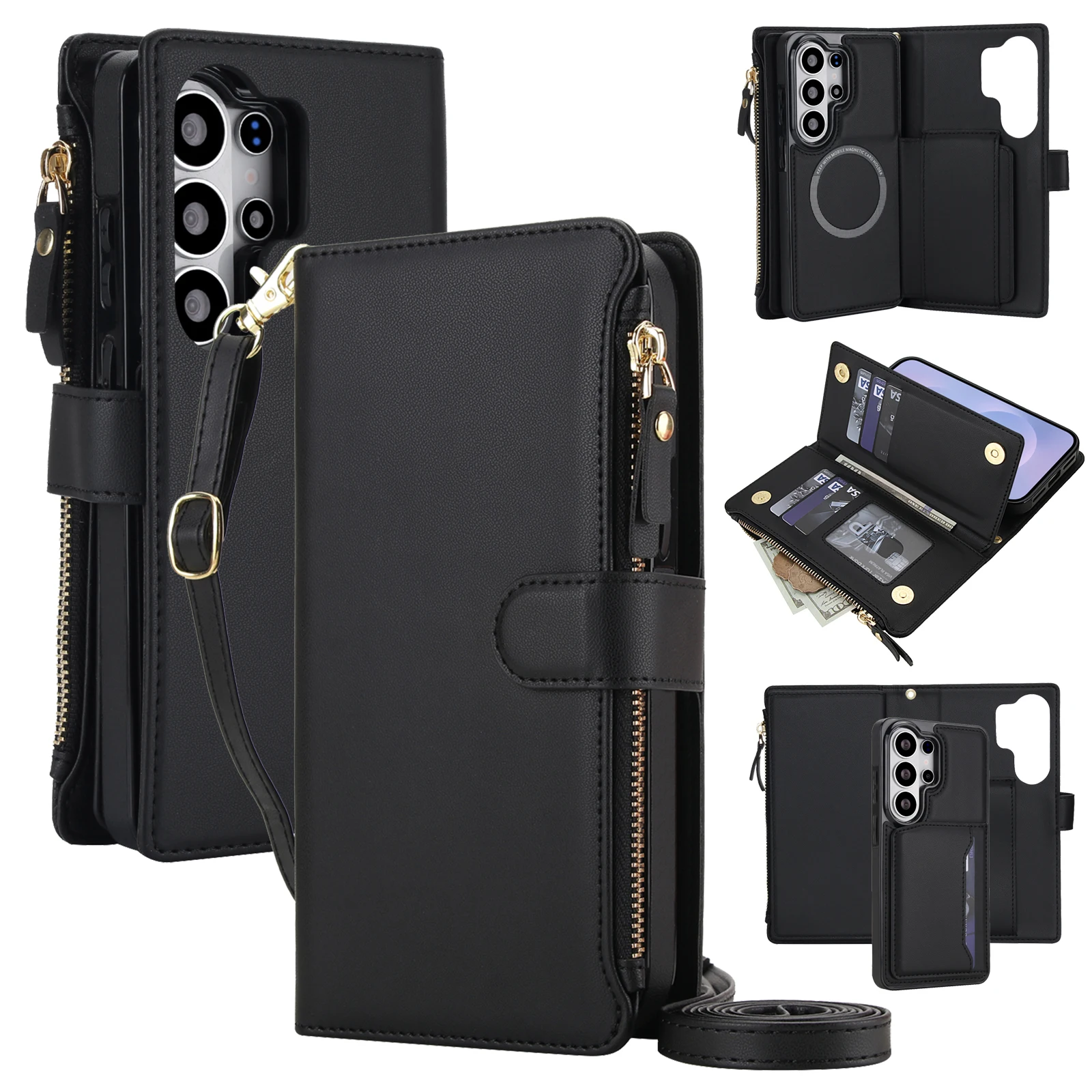Premium Wireless Charging Flip Wallet Phone Case with Lanyard Strap and Bumper Protection