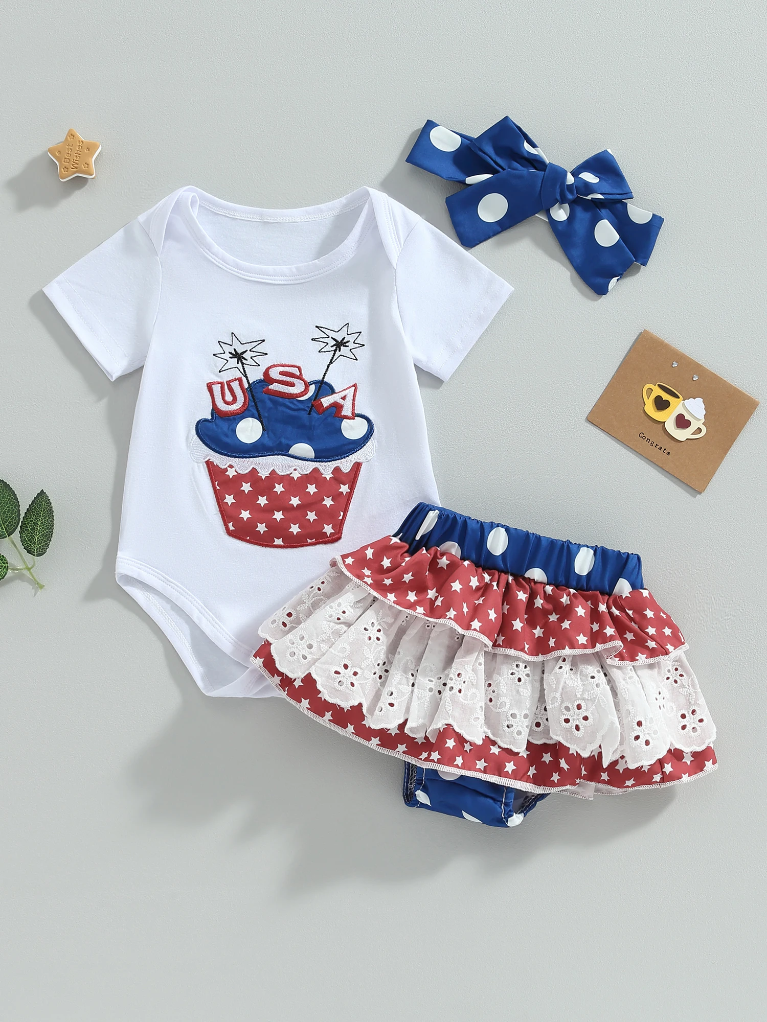 

Adorable 3-Piece Set for Baby Girls Patriotic Print Romper Elastic Waist Shorts and Hairbands with Stars Print - Perfect for