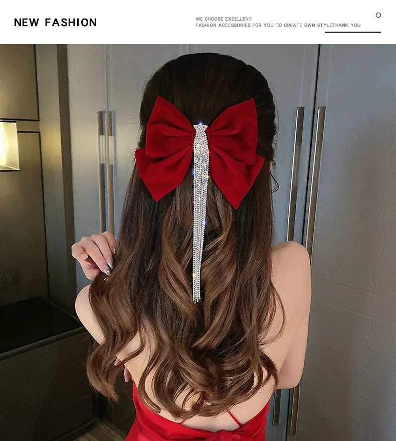 Neue Velours gnade Bogen Haarnadel Kristall Fringe Quaste Haar Clip Frauen Pferdeschwanz Strass Perlen Haar Zubehör Geschenke Heawear – Detail 8
