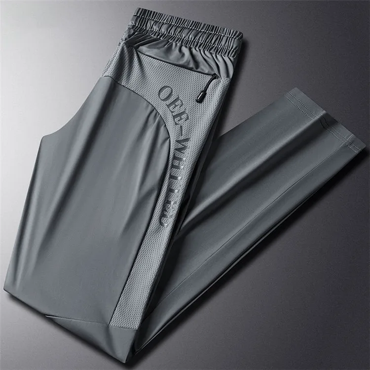 Mesh Summer Ice Silk Sweatpants Men's Loose Breathable Pants Belted Trousers And Straight-leg Solid Trousers Cool Sweatpant