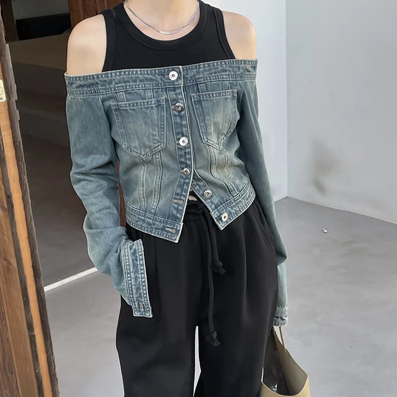 

Autumn Blouse Stitching Irregular One-shoulder Design Denim Blouse Long-sleeved T-shirt Slim Slimming Jacket