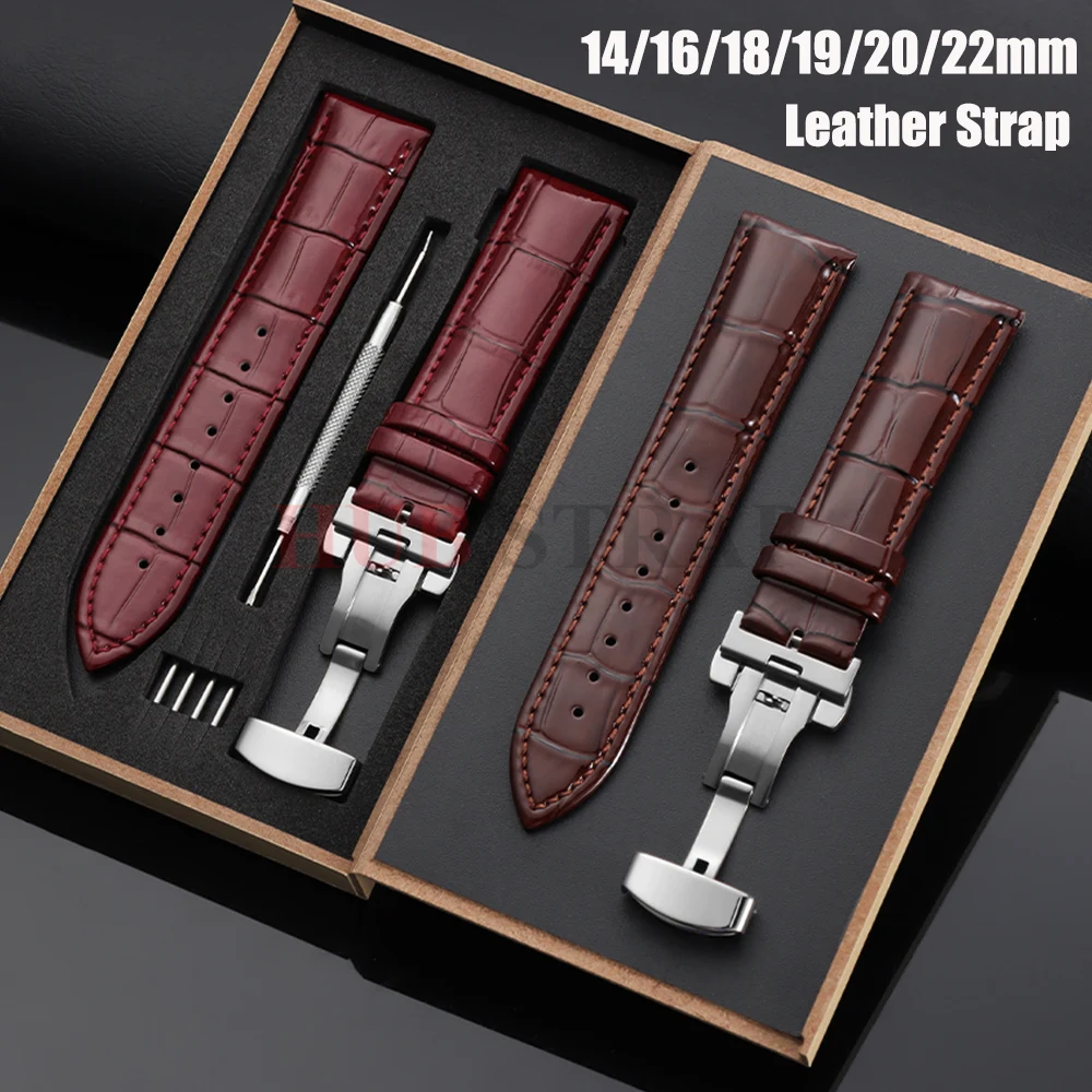 Vintage Leather Watch Band with Wooden Box and Butterfly Clasp