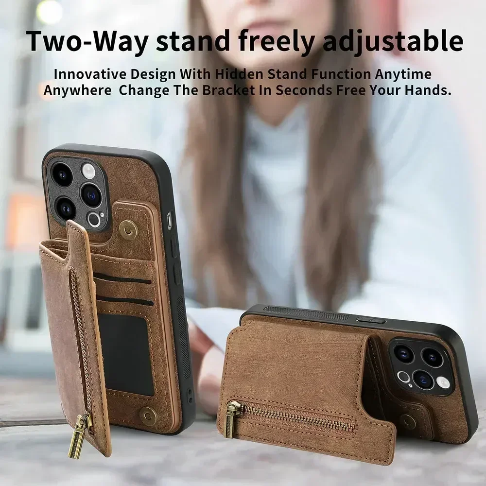 Zippered Leather Wallet Case with Card Holder and Back Cover