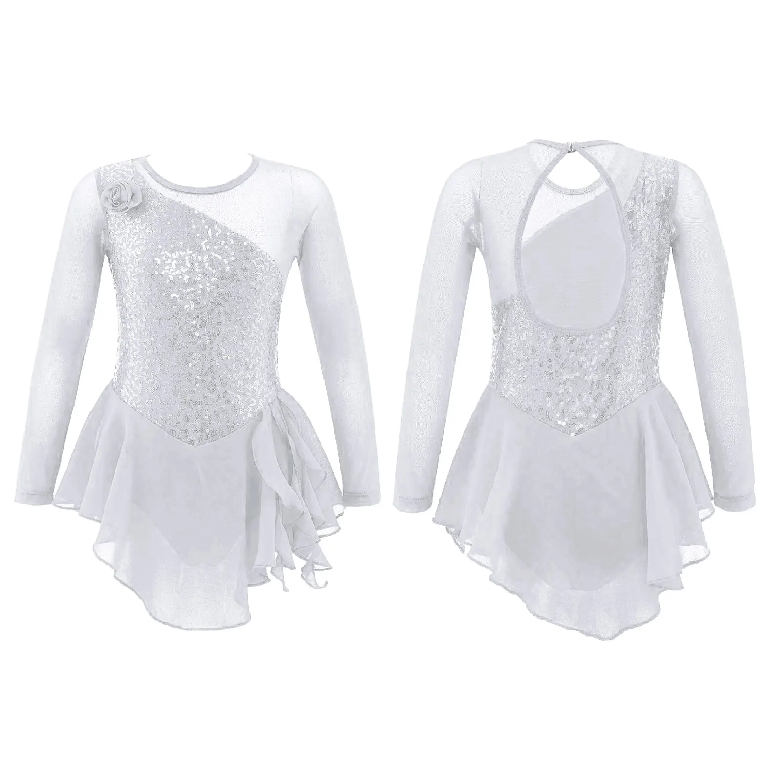 Kinder Mädchen Pailletten Gymnastic Eiskunstlauf Kleid Sheer Mesh Lange Ärmel Tüll Rock Trikots Kleid Leistung Kostüme – Detail 6