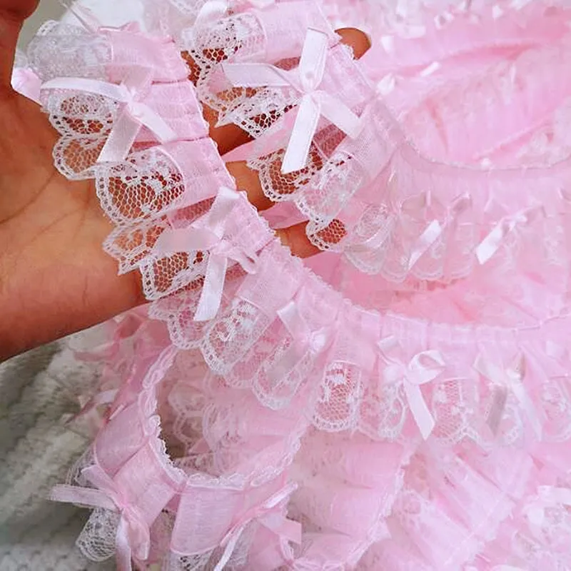 150cm Pink Chiffon Ruffle Lace Trim 3 Layer Pleated Ribbon DIY