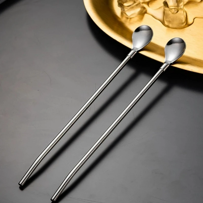 Stainless Steel Straw Spoon Long Handle Spoons Stirring Integrated Personalized Spoon Coffee Cocktail Glass Cup Straw