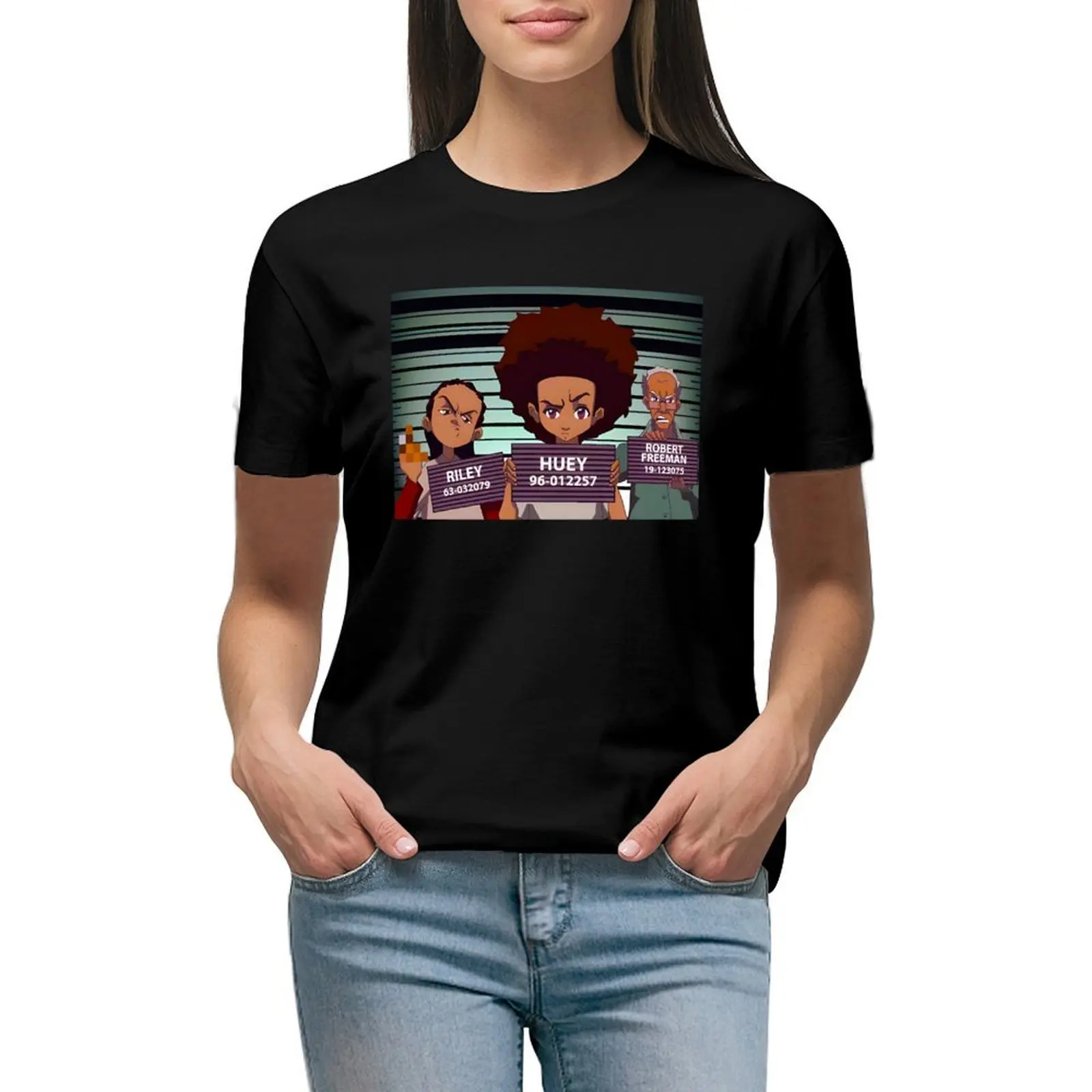 

The Boondocks Mugshot African-American Riley-Huey-Robert T-shirt tees female vintage clothes Women's tee shirt