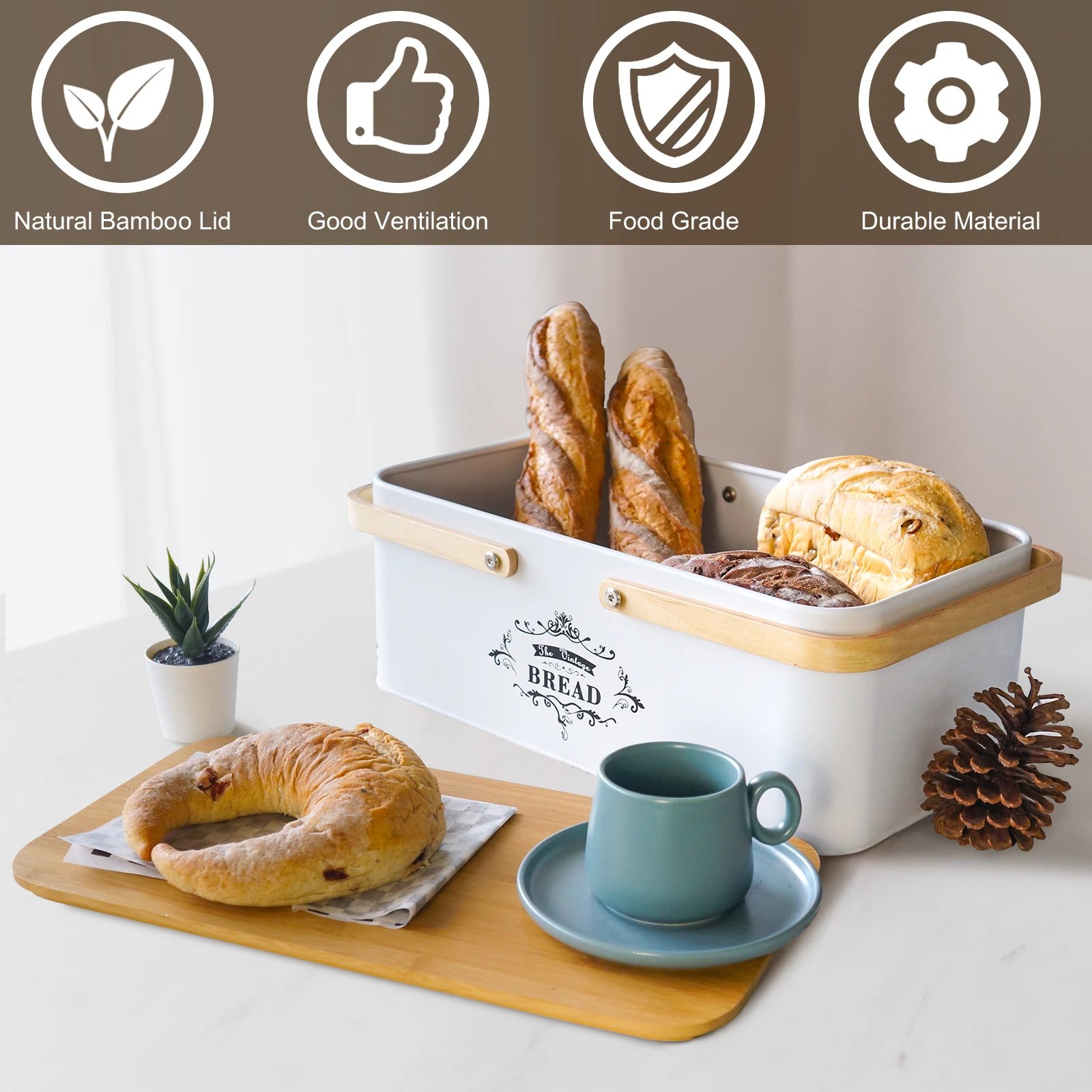 Bread Box with Bamboo Lid Cutting Board