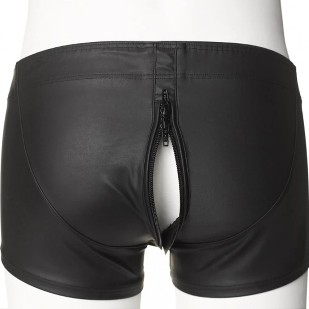 Sexy Zipper Crotch Boxershorts Men Underwear Lingerie Black Gay Fetish Panties Men Boxer Shorts Vinyl Leather Mens Underware