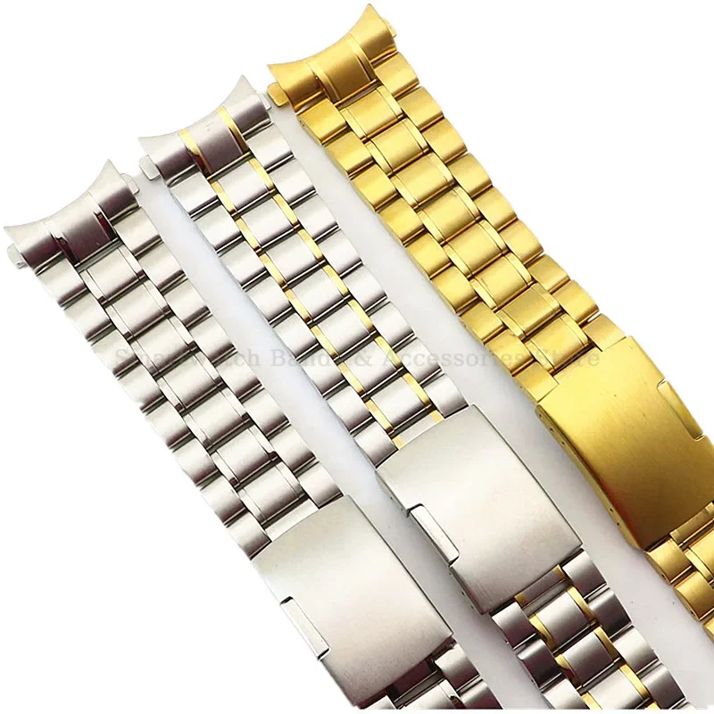 Stainless Steel Curved End Strap Watch Bracelet with Solid Folding Clasp