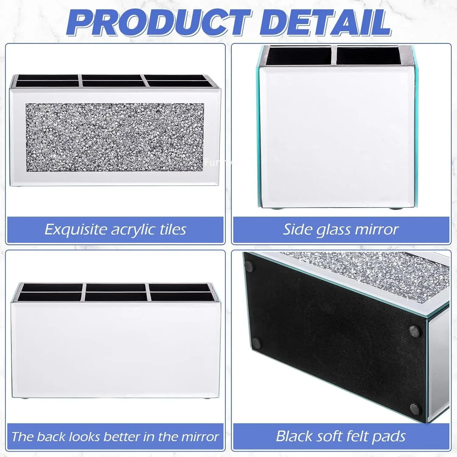 Glass Mirrored Organiser Crushed Diamond Makeup Brush Holder Organizer Remote Control Holder Container Accessories Desktop Decor 3