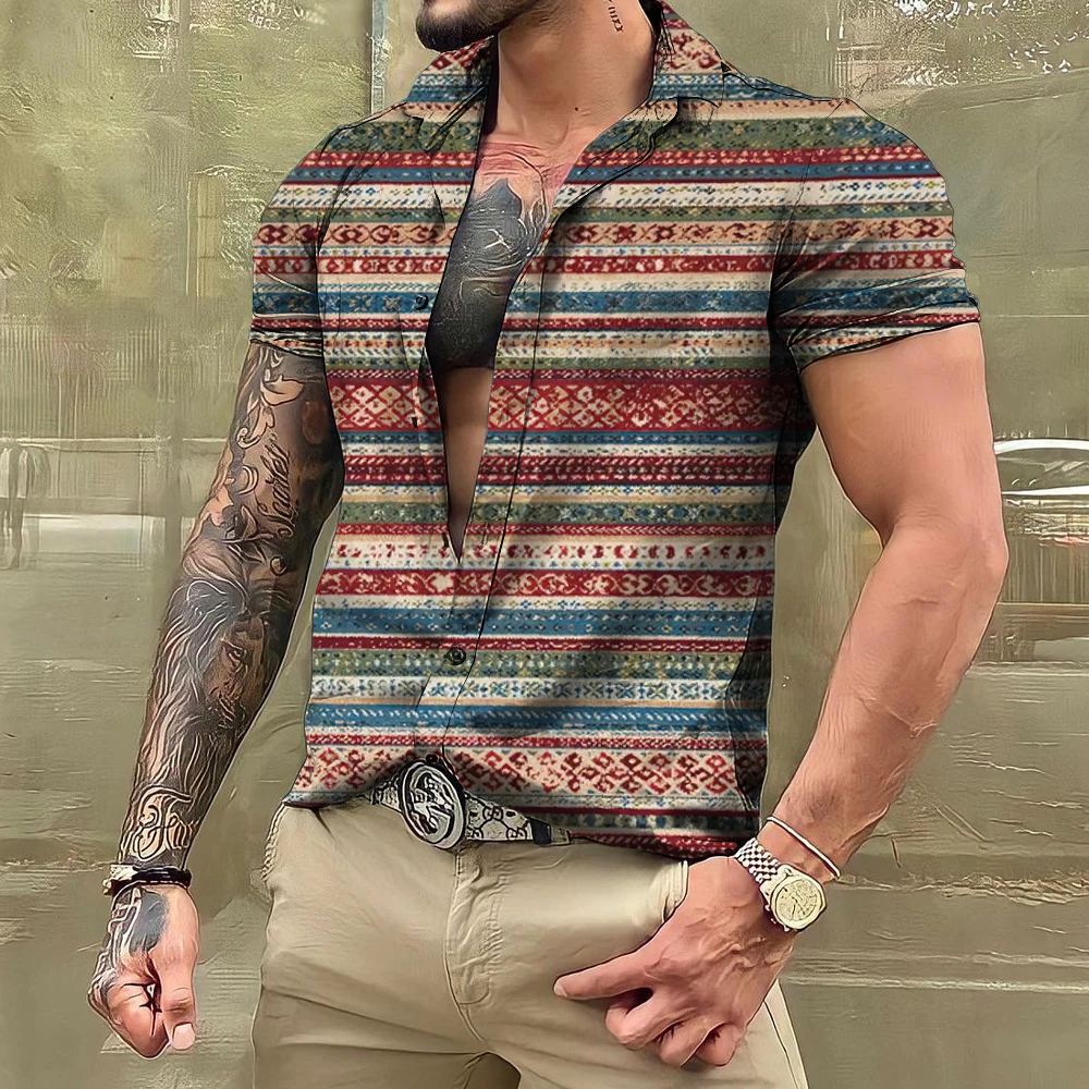 

Vintage Men's Shirts And Blouses 3d Striped Print Short Sleeve Fashion Shirts For Men's Clothing Tees Summer Oversized Blouse