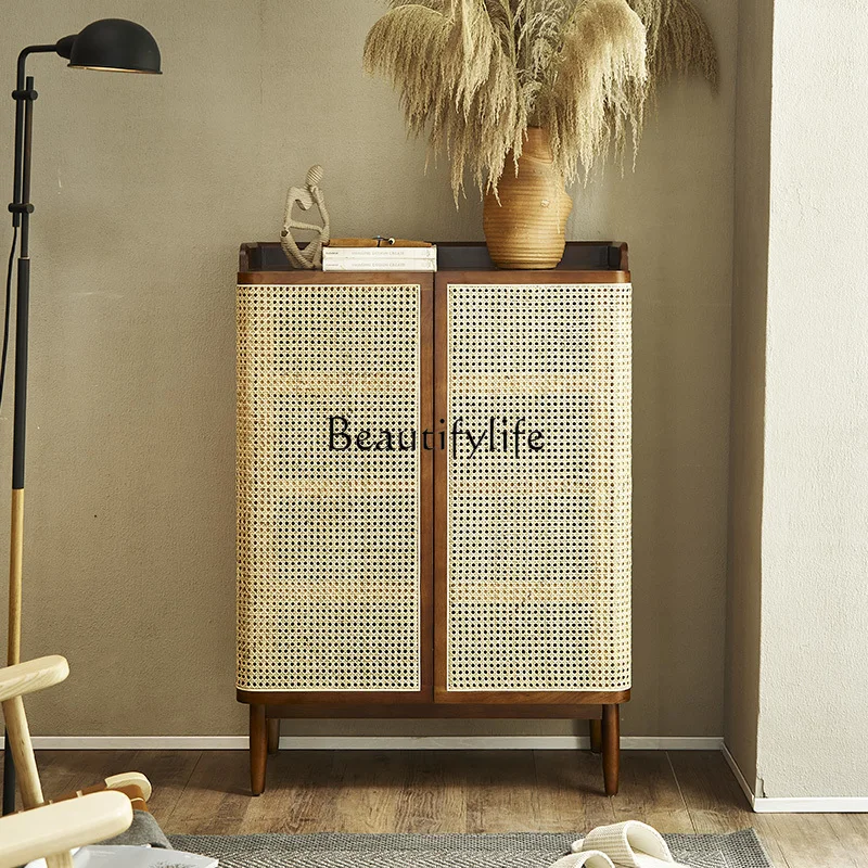 

Solid Wood Rattan Shoe Cabinet Small Apartment Entrance Storage Locker