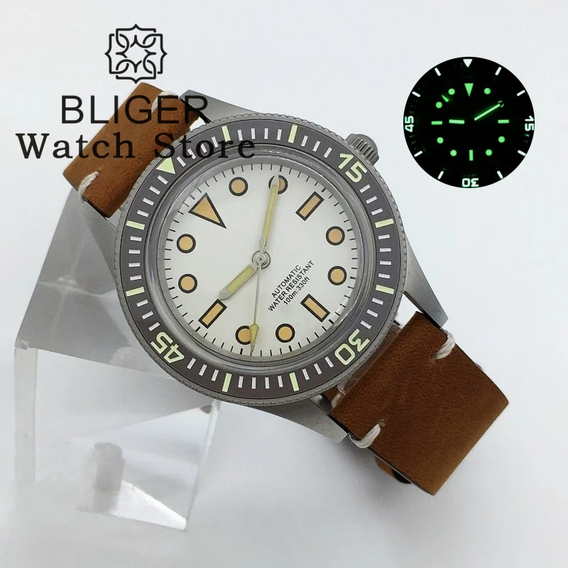 Bliger Super C3 Lume Bezel Mark 40Mm 50 Fathoms Vintage Mechanical Diver Watch Men Nh35A Domed Sapphire Glass Sandblast Case