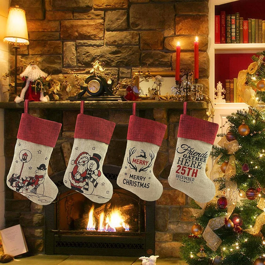 4 Pcs 46cm Knitted Christmas Socks Gift Candy Bag Elk Santa Claus Pattern Red Socks Hanging Decoration New Year Children's Gift