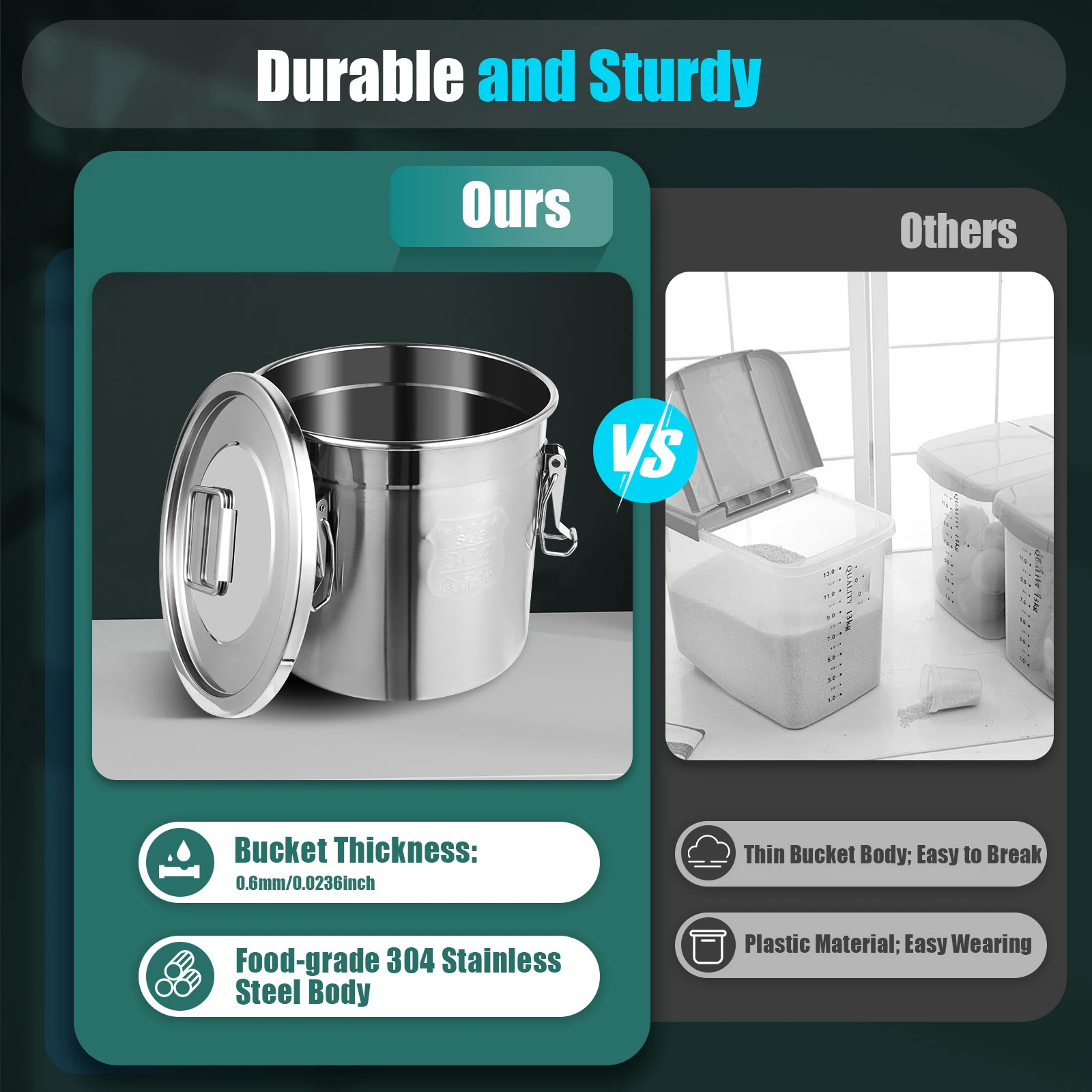 Stainless Steel Cereal Container - 12L Airtight Rice and Oil Storage Bucket