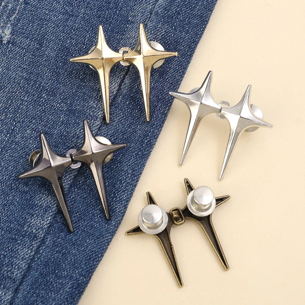 1/4Set Adjustable Waist Buckle Cross Star Shape Jean Buttons Pins Detachable Metal Buttons Waist Tightener Clothing Accessories 2