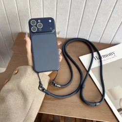 Shockproof Fabric Crossbody Lanyard Case with Magnetic Suction and Neck Cord Strap - iPhone 12 Pro Max (Blue)