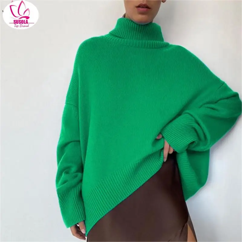 

SUSOLA Office Lady High Neck Sweater Women's Autumn Winter Lazy Wind Loose Inside Pullover Bottomed Wool Sweater