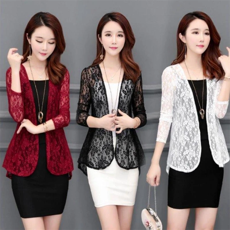 Blusa tipo Kimono para mujer, camisa de manga larga con encaje blanco