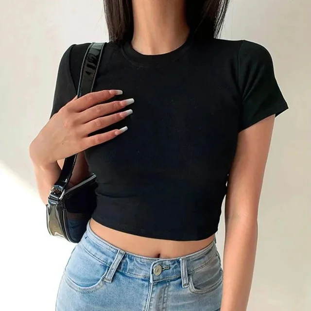 Short Sleeve T-Shirt Women Solid Simple Casual Soft All-Match Basic Crop Tops Tees Summer Fashion Skinny Tops Black White 2
