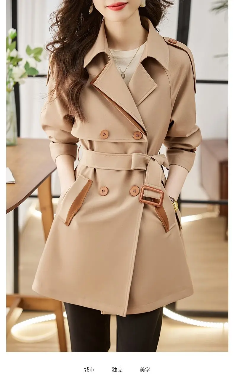 Solid Mid length Trench for Women Fall Winter 2023 New Vintage Turn Down Collar Long Sleeve Jacket Loose Double Breasted Coat