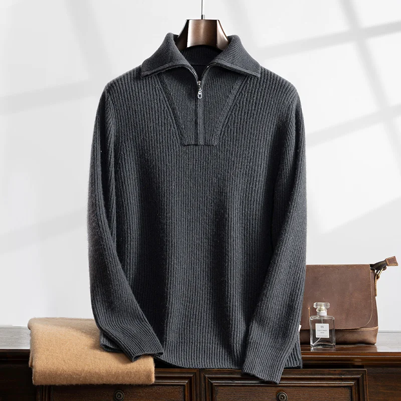 Autumn and Winter New Collection (100% Cashmere) Men's Casual Thick Ingot Needle Navy Collar Temperament Sweater for Men 3