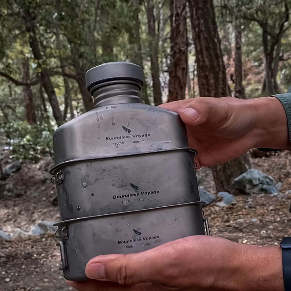 Boundless Voyage Titanium Military Canteen Cups Set Camping Cookware Outdoor 1100ml Bottle 750ml Pot 400ml Pan Cooking Kit