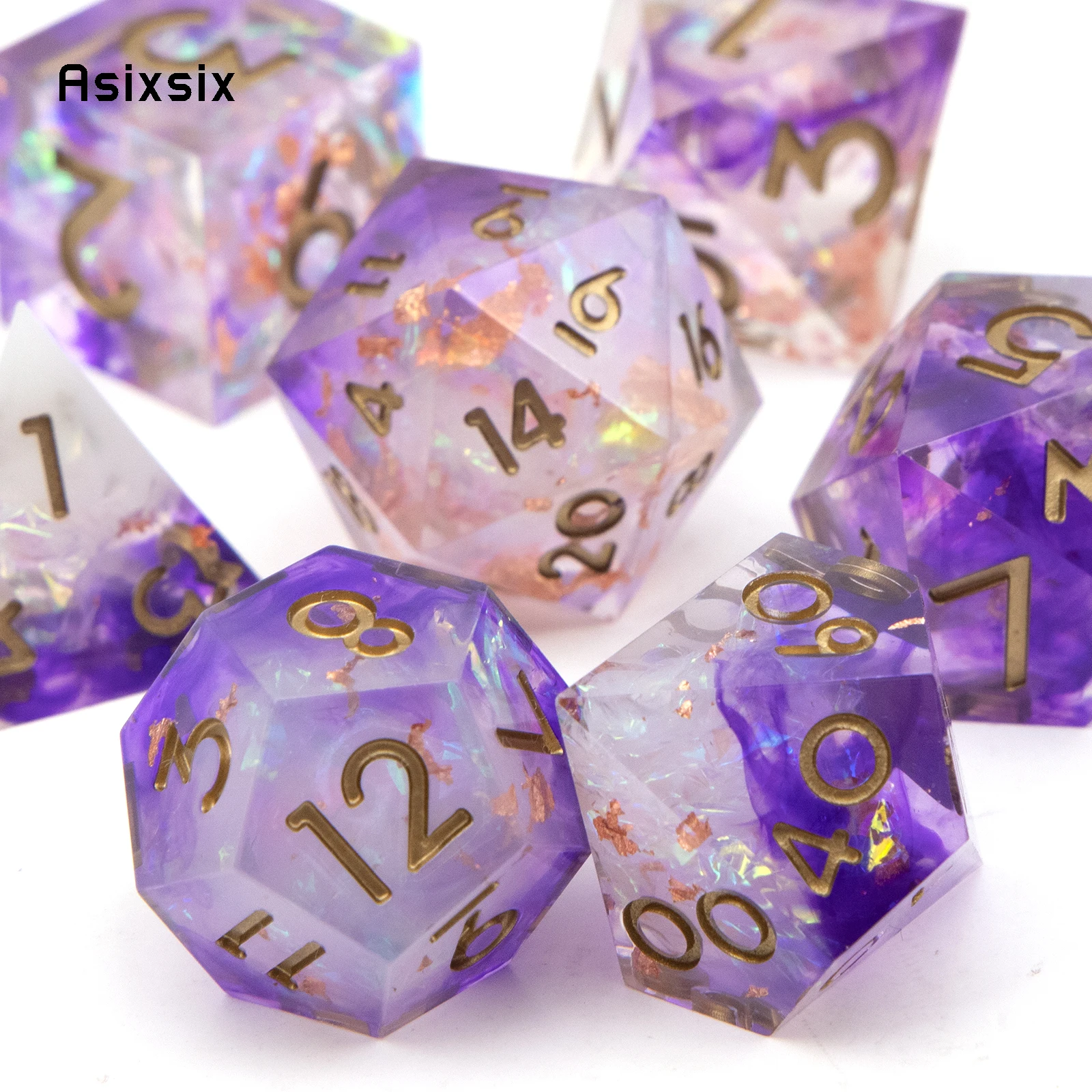 7 Pcs Purple White Resin Golden Number Sharp Edge Dice Polyhedral Dice Suitable for Role-Playing RPG Board Game