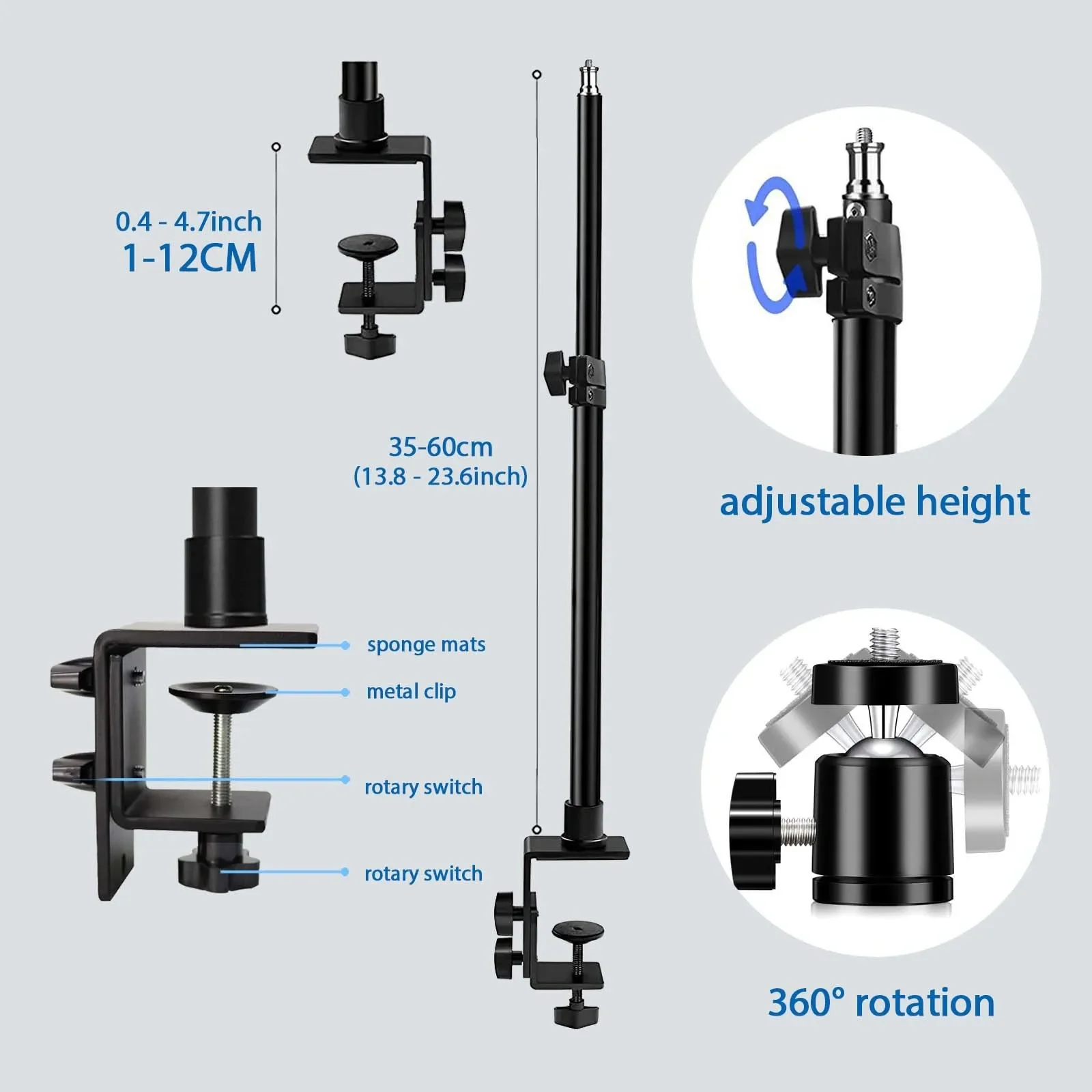 Desk Mount Stand DSLR Camera C Clamp Light Stand Photographic Light Boom With Ball Head for Phone Video Ring Zoom