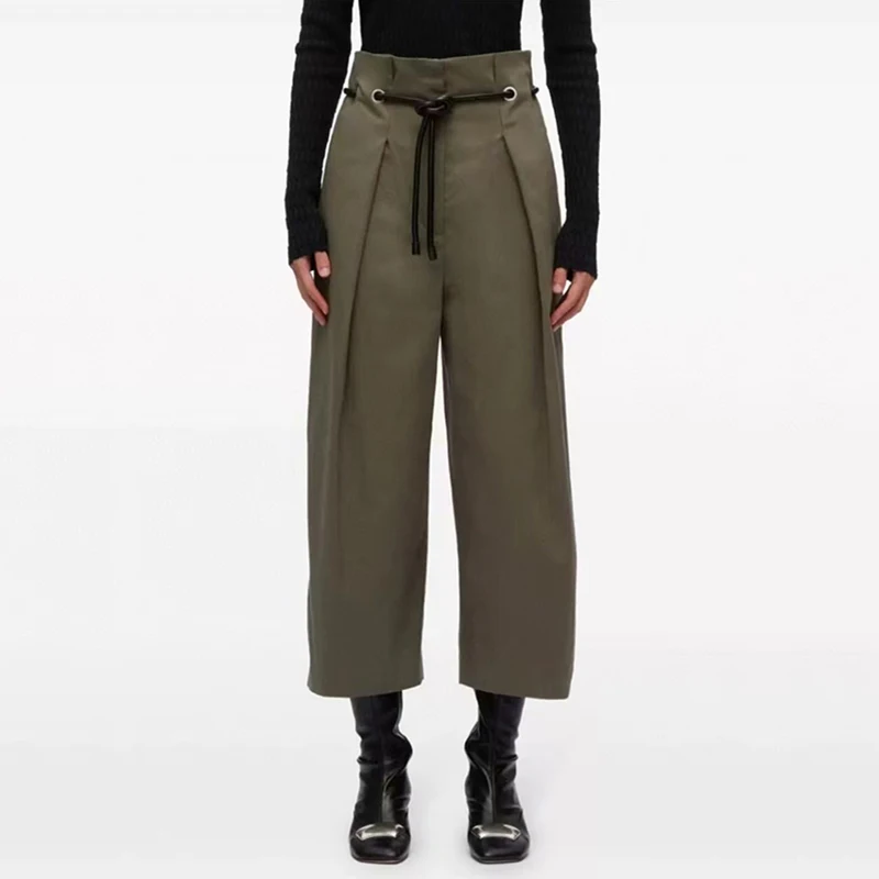 

Women's High Waisted Wide Leg Pants, Waisted Peplum, Belt Decoration, High Quality Cotton, 2024, Summer, New, Y2K