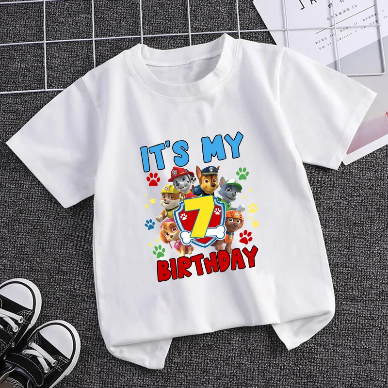 Paw Patrol Geburtstags-T-Shirts, Cartoon-Anime-Zahlen 1–9, bedruckt, kurze Ärmel, Sommer, Baumwolle, niedliche Kleidung, Party-T-Shirt, Geschenke, neu