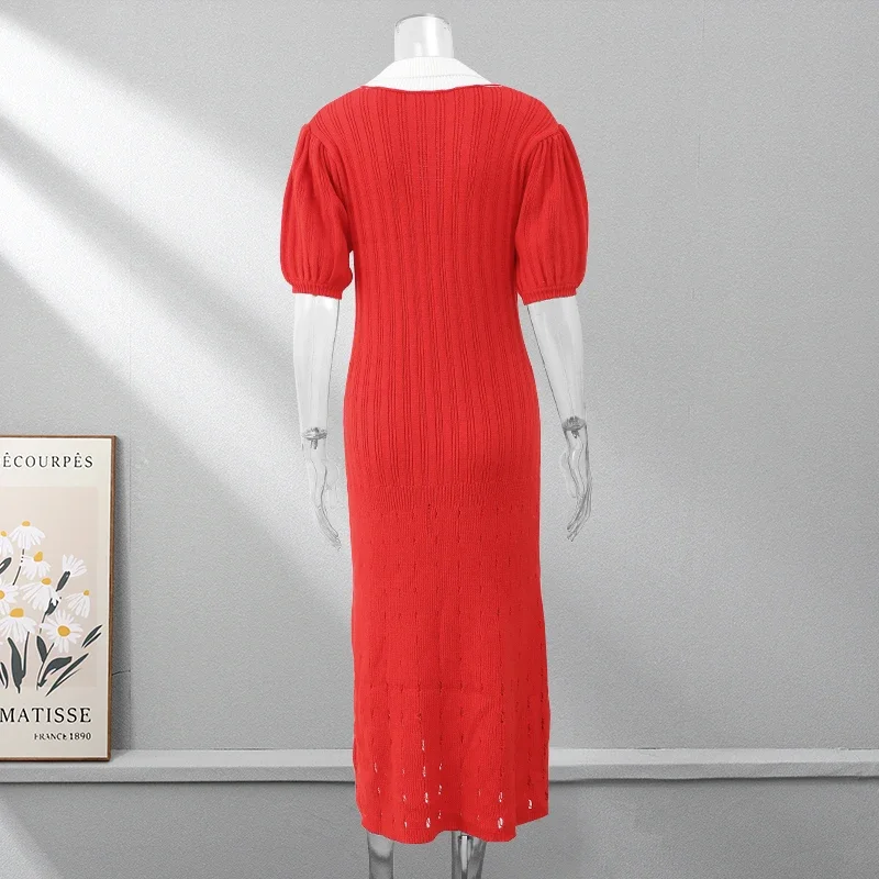 V-Neck Knit Contrast Long Dress Women Hollow Out Lapel Fashion High Waist Elegant Party Dress Knitwear Ladies Maxi Dress