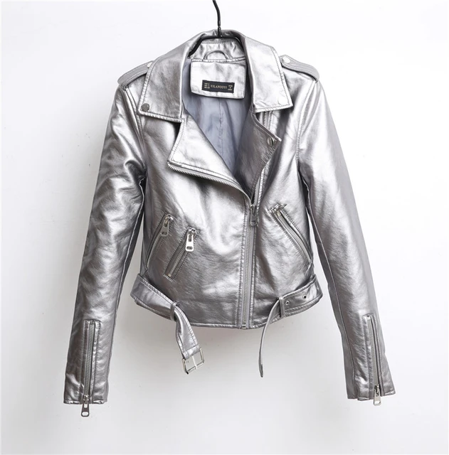 Women's Metallic Silver Leather Jacket, Silver Faux Leather Jacket