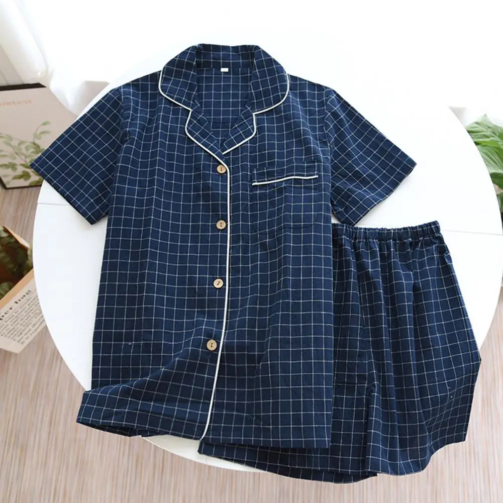Spring Summer Men's Pajamas Short Sleeved Top and Pants Washed Cotton Simple Plaid Home Service Suit men pyjamas