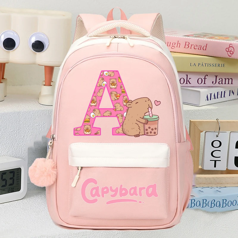 Capybara Girls School Bags Capibara Letter A-Z Cute Backpack Kids Outdoor Sport Rucksack Children Travel Fashion Knapsack Gift