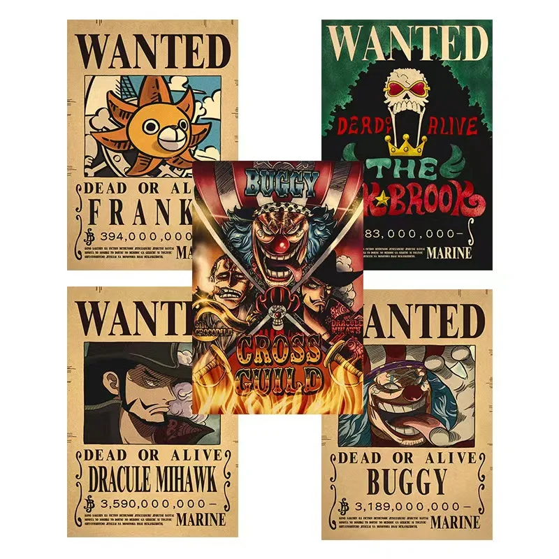 

New One Piece Four Emperors Buggy Luffy Anime Retro Poster Bounty Pirate Wanted Paintings Collection Wall Decoration Toy Gifts